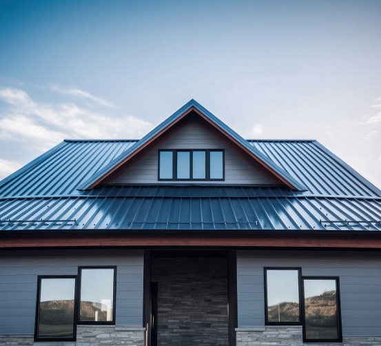 Façade d'une maison moderne avec revêtement gris, toit en métal bleu foncé à joint debout et pignon avec trois fenêtres en hauteur.